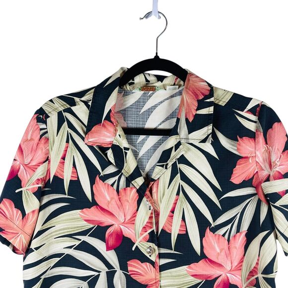 Tommy Bahama Shirt Womens Medium Navy Pink Floral Silk Hawaiian Button Up - Picture 2 of 9